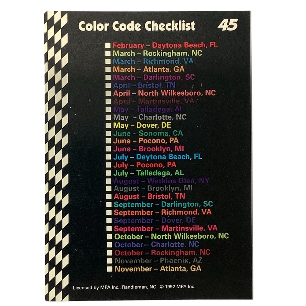 1992 Richard Petty Fan Appreciation Color Code Checklist, Food Lion MPA Card #45